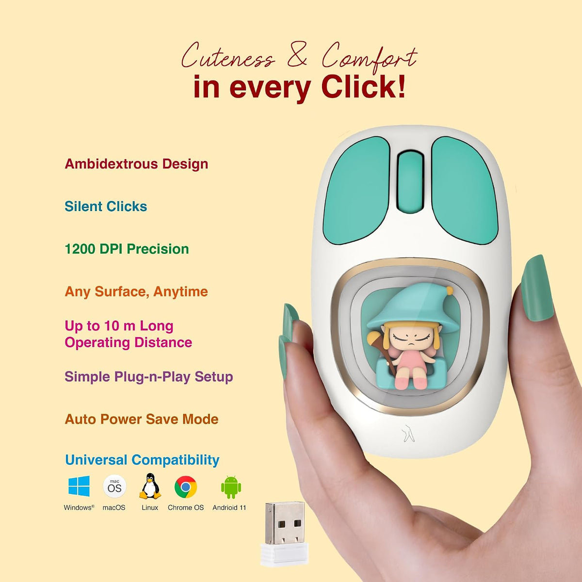 Cute Cartoon Computer Mouse with Decorative Figurine – Turquoise