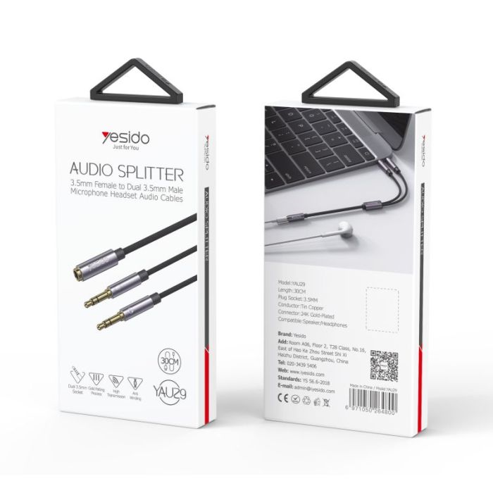 YESIDO YAU29 3.5mm Headset Splitter 30cm – Female to Dual Male Audio & Mic AUX Adapter