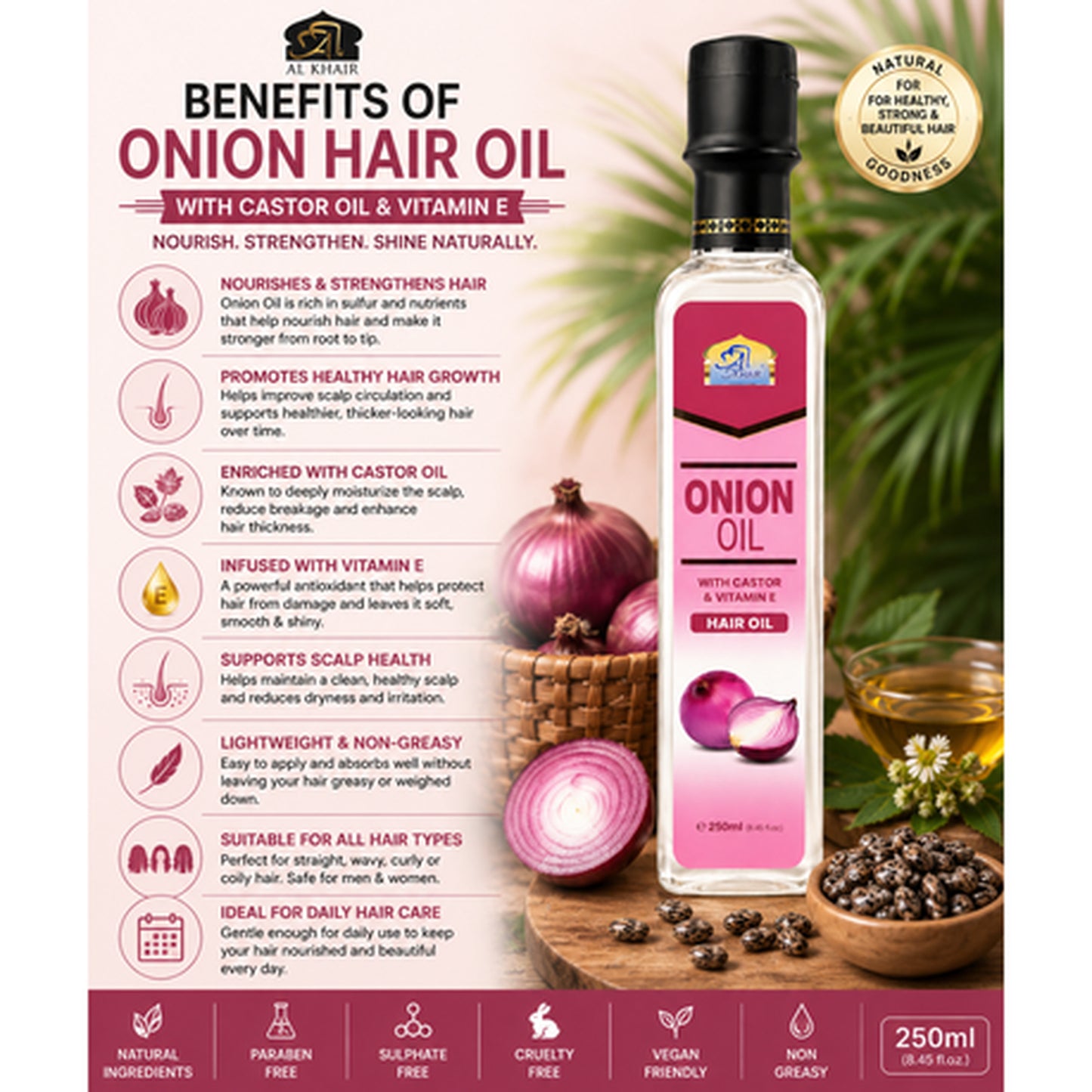 Al Khair Onion Hair Oil 250ml with Castor Oil & Vitamin E | Nourishing Hair & Scalp Oil