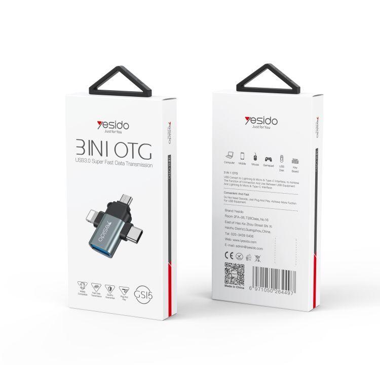YESIDO GS15 3-in-1 OTG Adapter – USB-A to USB-C, Micro USB & Lightning Data Transfer Converter