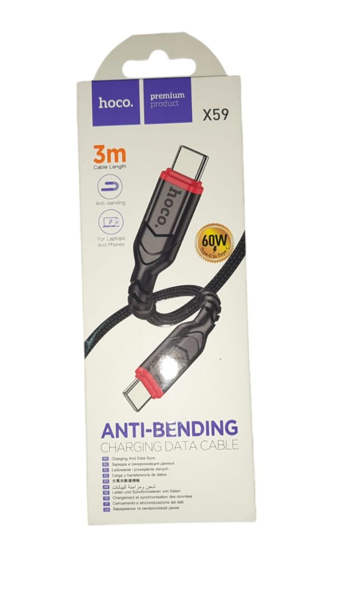 HOCO X59 Victory 60W USB-C to USB-C Fast Charging Data Cable 3M | Nylon Braided PD Type-C Charging Cable - Black