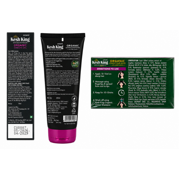 Organic Onion Hair Care Set with Curry Leaves – Hair Mask, Conditioner & Oil