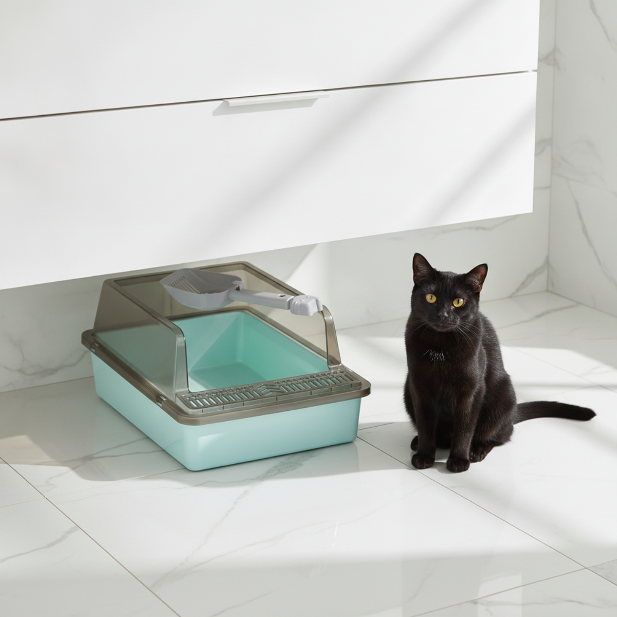 Enclosed Cat Litter Box with Scoop – Covered Kitty Toilet & Cat Litter Tray, Blue