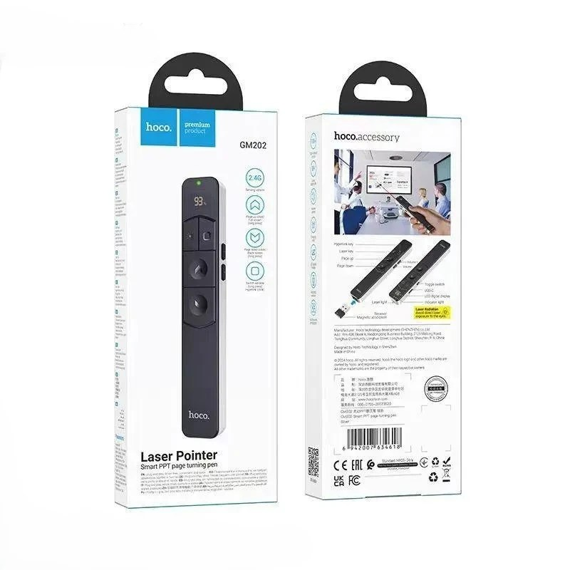 HOCO GM202 Wireless Presentation Clicker with Red Laser Pointer | PPT Slide Remote for PowerPoint, Keynote, Google Slides, Windows & Mac