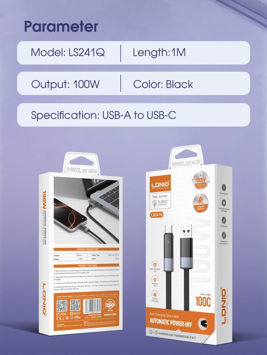 LDNIO LS241Q USB-C to USB-C 100W Fast Charging Cable 1M | PD Fast Charge & 480Mbps Data Sync Nylon Braided Cord