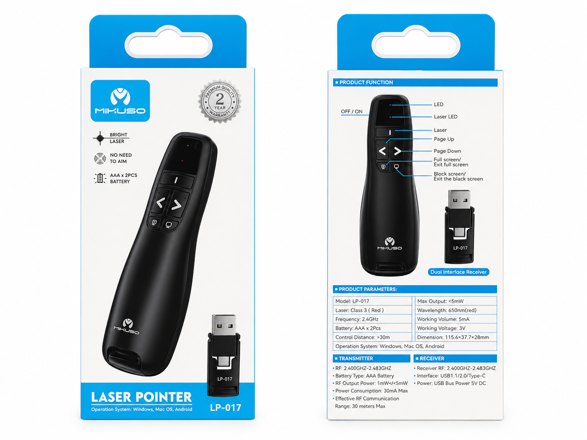 Mikuso LP-017 Wireless Presenter Remote with Red Laser Pointer | USB & USB-C Presentation Clicker for PowerPoint, Windows, Mac & Android