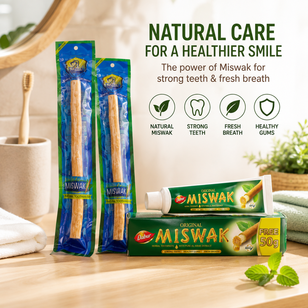 Al Khair Miswak Natural Toothbrush 8 Inch & Dabur Miswak Toothpaste 170g - Pack of 2 | Herbal Oral Care Combo