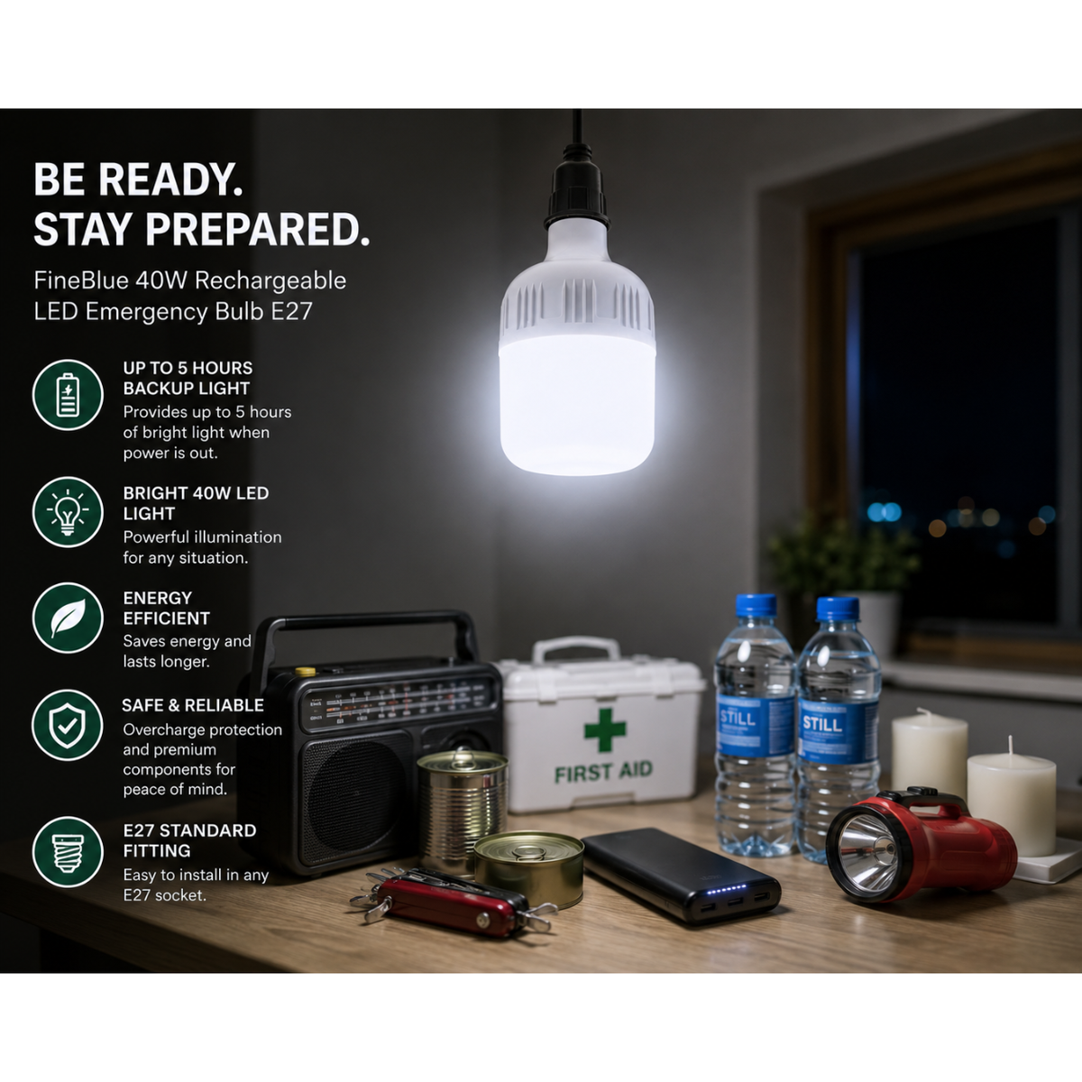 FineBlue 40W Rechargeable LED Emergency Bulb E27 – Load Shedding Backup Light with 4 Hours Battery | 1 Pack