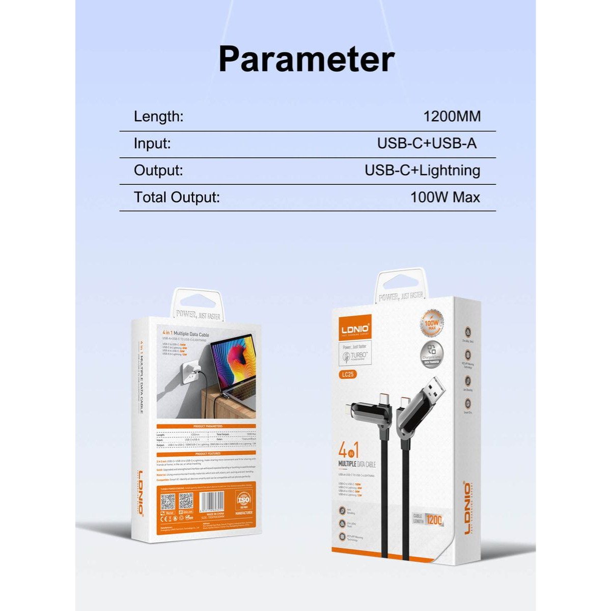 LDNIO LC25 100W 4-in-1 Fast Charging Data Cable | USB-A & USB-C to USB-C & Lightning | PD Fast Charge & Data Sync