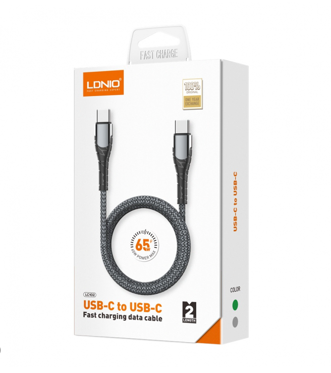 LDNIO LC102 USB-C to USB-C 65W PD Fast Charging Cable 2M | Braided Data Sync Cable