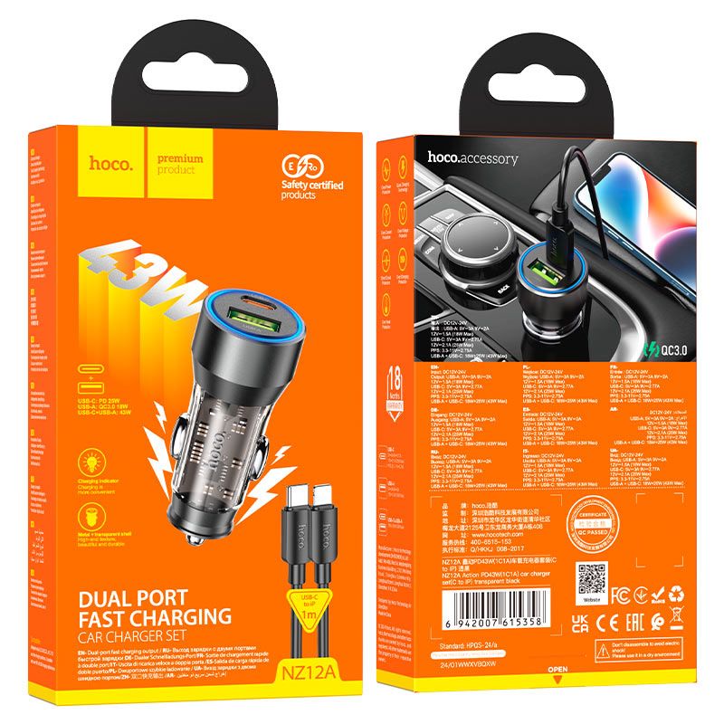 HOCO NZ12A 43W PD Fast Car Charger with USB-C to Lightning Cable (1M) | Dual Port USB-C + USB-A Car Charger