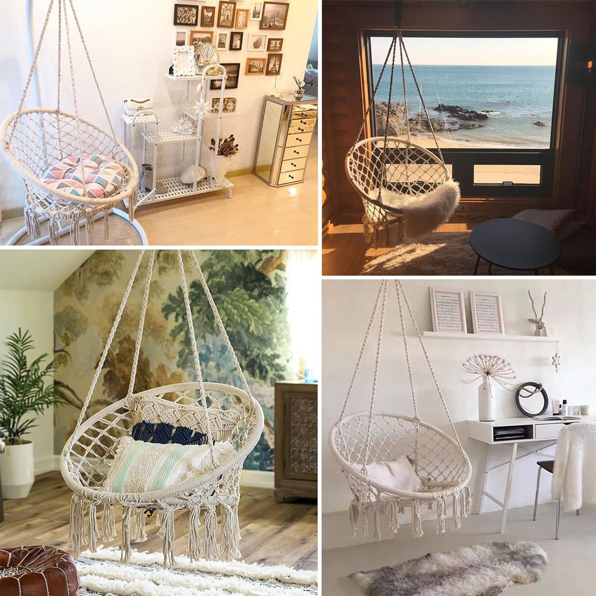 Handmade Cotton Rope Hanging Swing Chair for Adults & Kids | Boho Hammock Chair for Indoor & Outdoor Garden - Grey