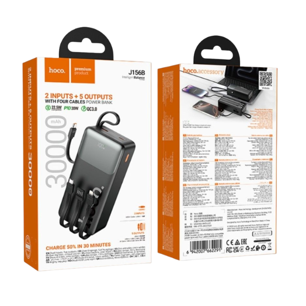 Hoco J156B 30000mAh Power Bank 22.5W Fast Charging with 4 Built-In Cables