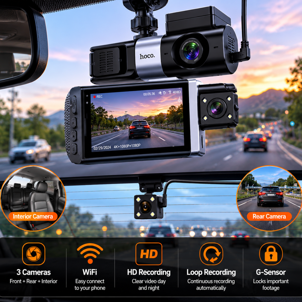 HOCO DI64 Triumph 3-Channel WiFi Car Dash Cam – Front, Interior & Rear Camera with 3" Display