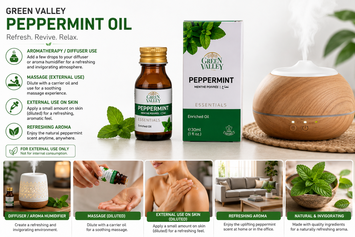 Green Valley Peppermint Essential Oil 30ml - Enriched Natural Oil for Aromatherapy, Hair, Skin & Massage