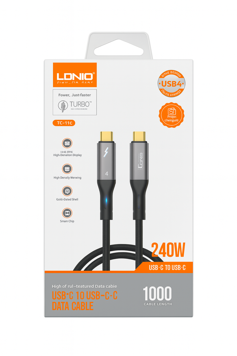 LDNIO TC-11C 240W USB-C to USB-C Fast Charging & Data Cable 1M | 40Gbps PD 3.1 Type-C Cable for Laptop, Tablet & Smartphone