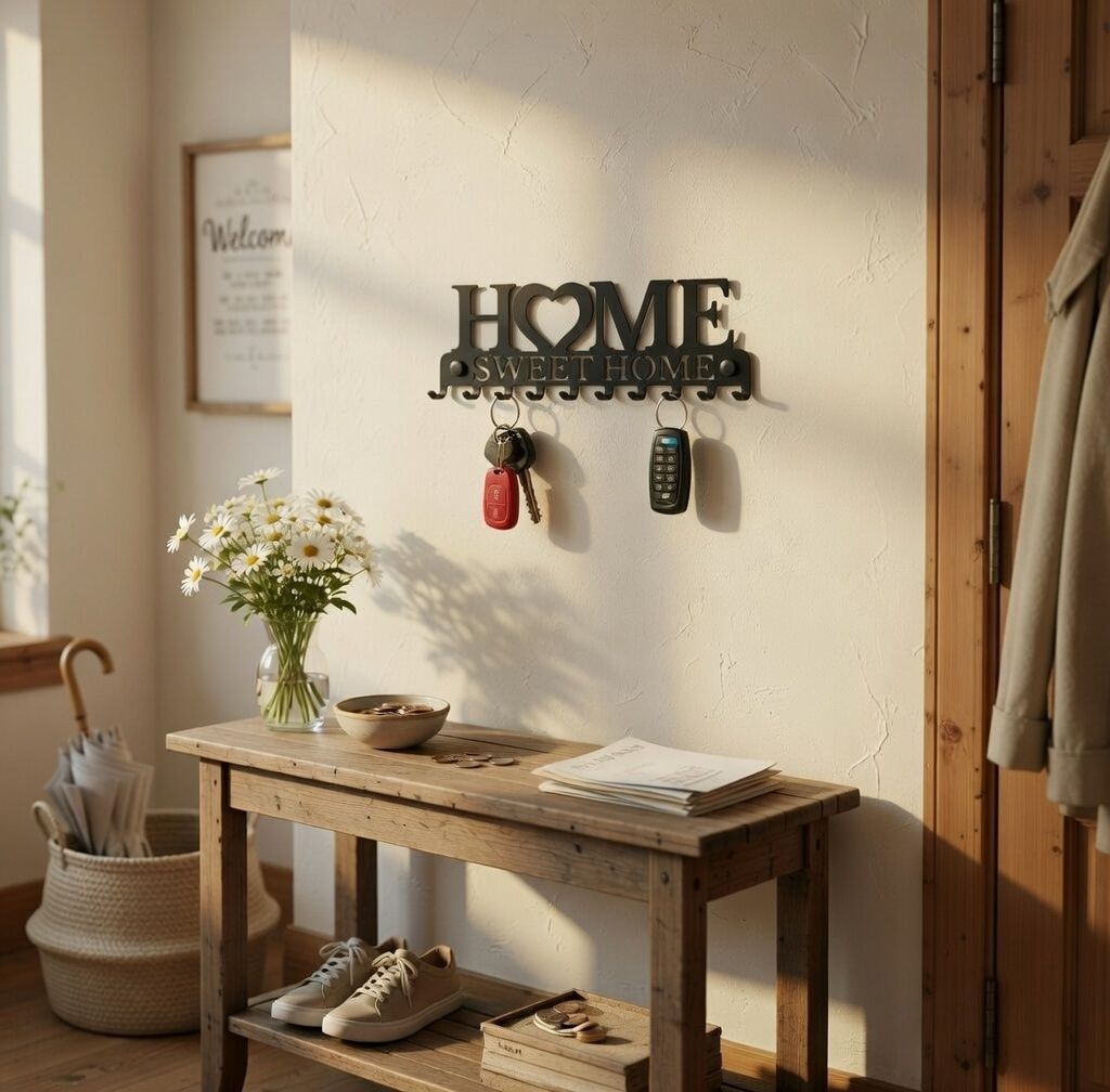 HOME Sweet Home Metal Wall Mounted Key Holder Rack with 7 Hooks - Black Decorative Key Organizer for Entryway, Living Room & Office