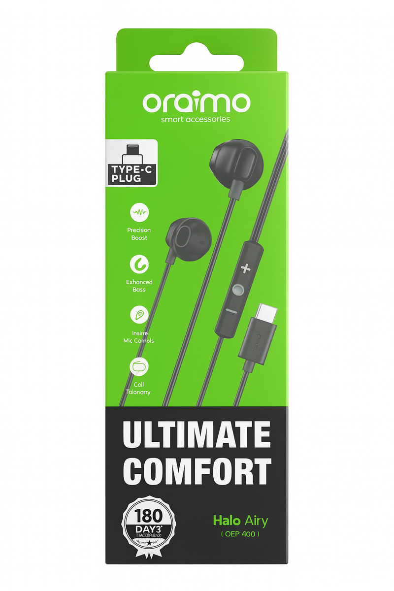 Oraimo Halo Airy OEP-650 USB-C Wired Earphones with Mic | Half In-Ear Type-C Headphones