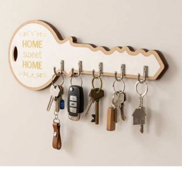 Wooden Key Shaped Wall Mounted Key Holder Rack with 5 Hooks – Decorative Home Sweet Home Organizer for Entryway & Living Room
