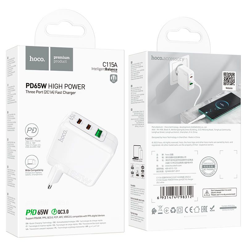 HOCO C115A 65W GaN Fast Charger | Dual USB-C PD + USB-A QC3.0 Wall Charger (EU Plug)
