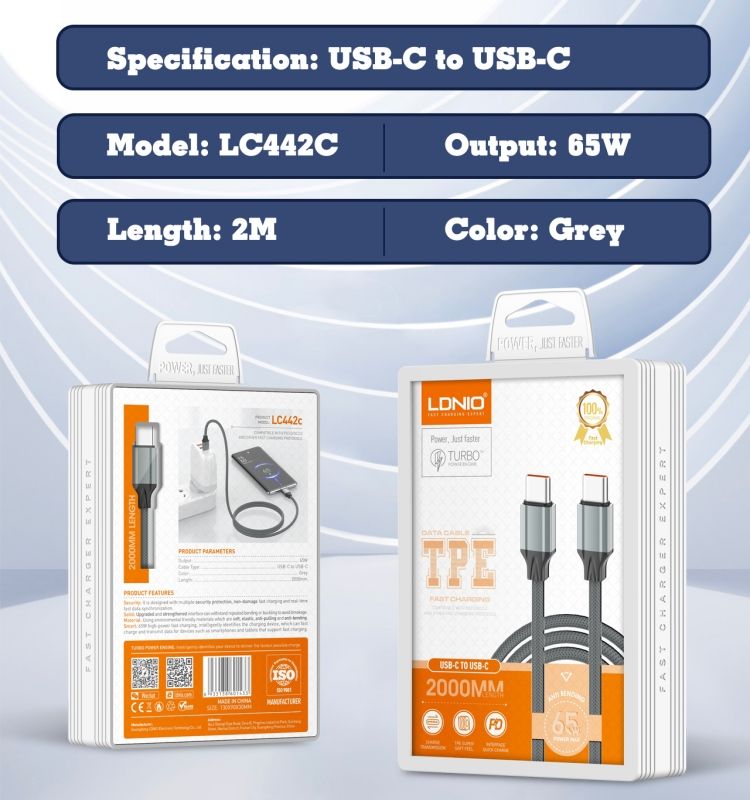LDNIO LC442C 65W USB-C to USB-C Fast Charging & Data Cable 2M | PD Type-C Charging Cable for Laptop, Tablet & Smartphone