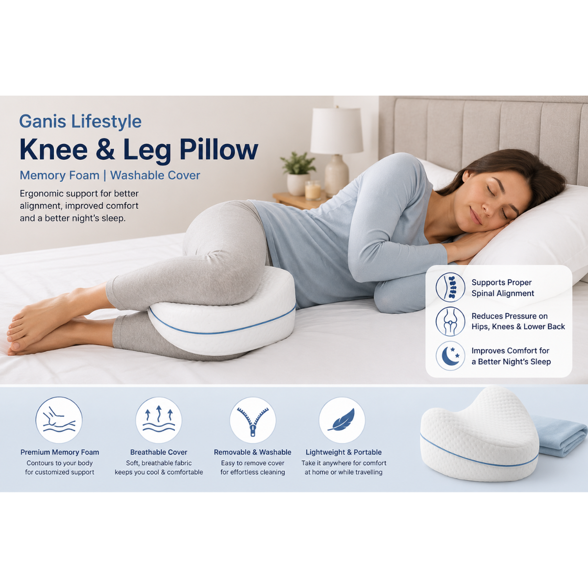 Ganis Memory Foam Knee & Leg Pillow with Washable Cover – Ergonomic Support Cushion