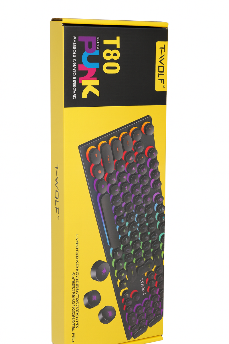 T-WOLF T80 104-Key Retro Punk RGB Gaming Keyboard, USB Wired, Round Keycaps