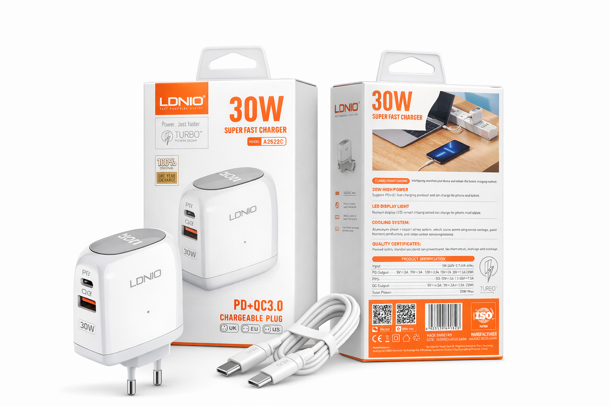 30W Dual Port Fast Wall Charger with USB-C to USB-C Cable | PD & QC 3.0 Fast Charging Adapter (A2522C)