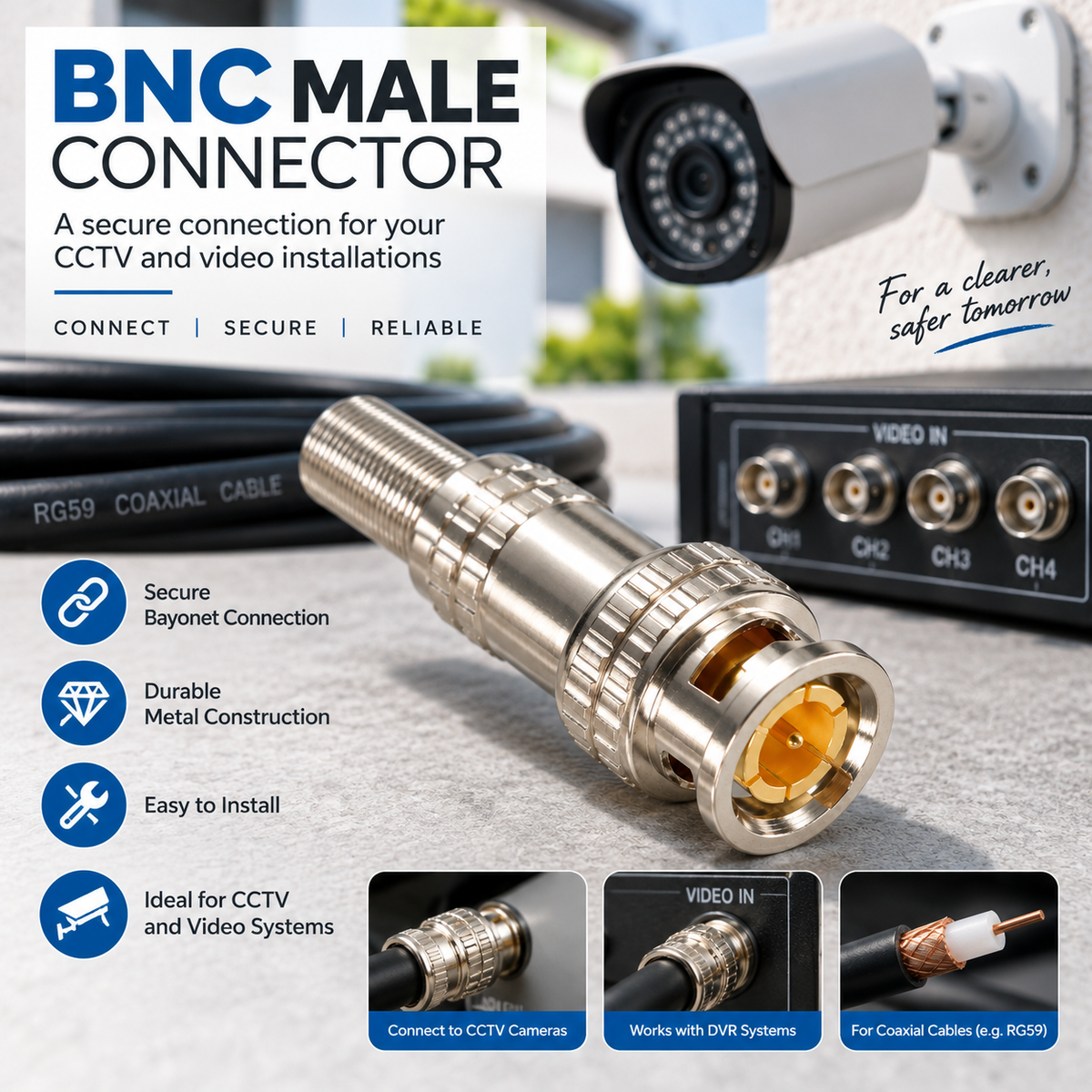 BNC Male Connector 5 Pack for CCTV Coaxial Video Cable