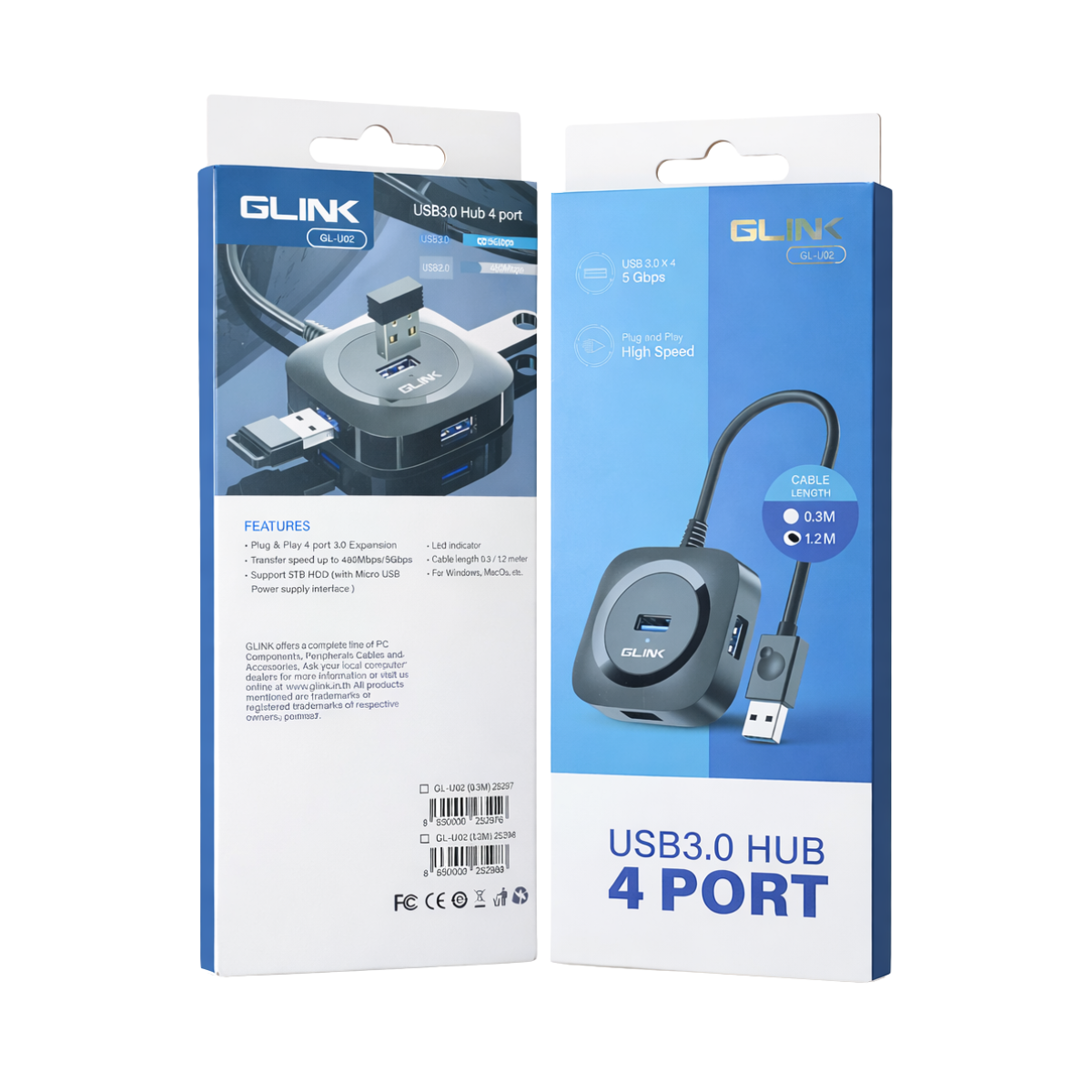 GLINK GL-U02 USB 3.0 4-Port Hub | 5Gbps High-Speed Data Splitter Adapter with 1.2m Cable for Laptop, PC, Mac & USB Devices