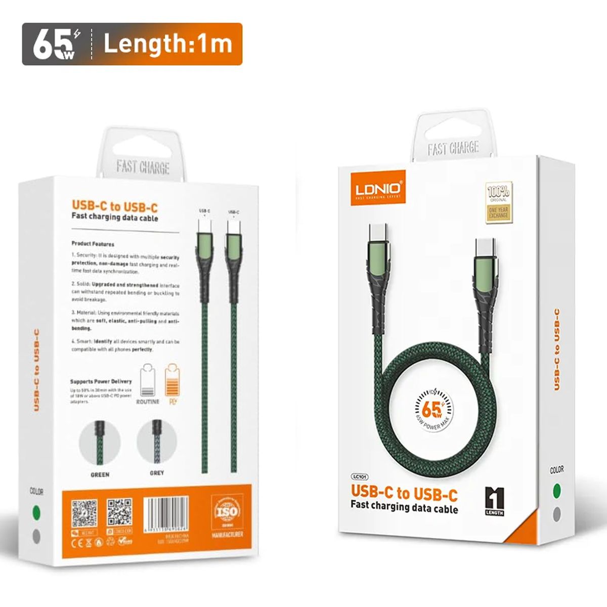 LDNIO LC101 USB-C to USB-C 65W PD Fast Charging Cable 1M | Braided Data Sync Cable