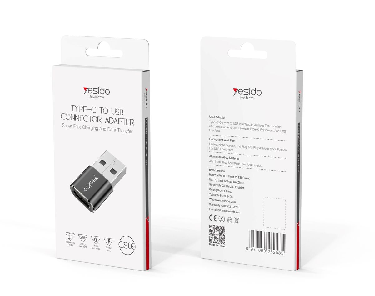 YESIDO GS09 Type-C to USB Adapter 2.4A – USB-A OTG Connector for Charging & Data Transfer