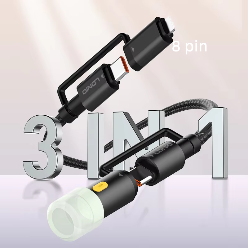 LDNIO LC19 3-in-1 65W Fast Charging Cable 1.2M | USB-C, Lightning & Micro USB LED Charging Cord