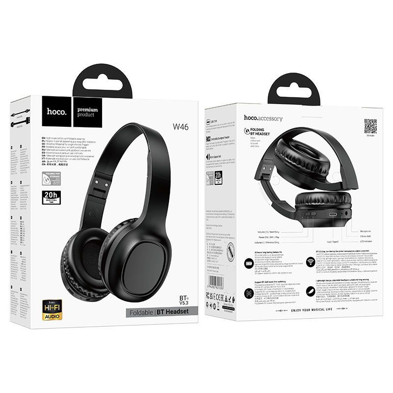Hoco W46 Wireless Bluetooth Over-Ear Headphones | Hi-Fi Stereo Sound, 20H Playtime, Bluetooth 5.3, Foldable Headset with Microphone