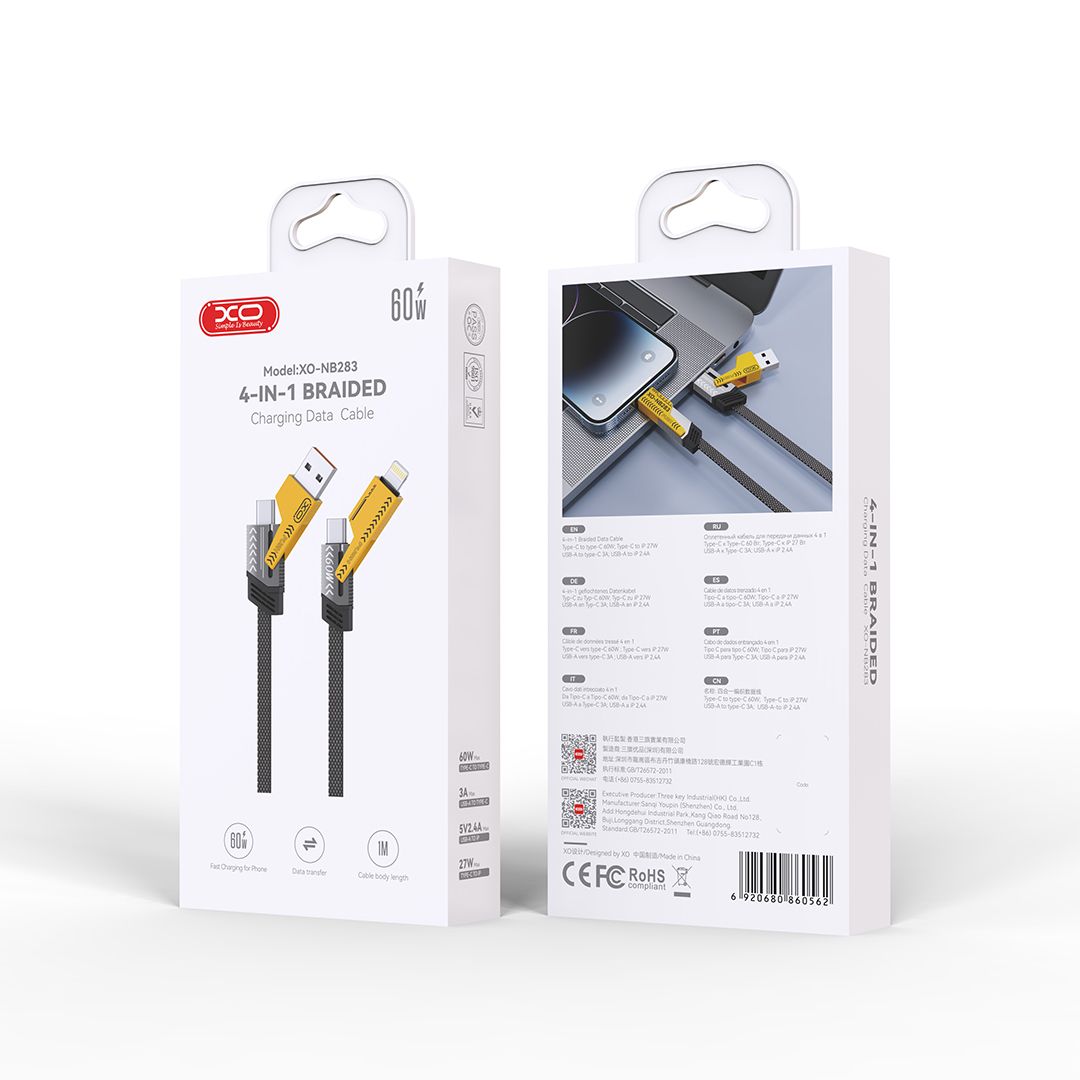 4-in-1 60W Fast Charging Cable USB-C, Lightning & USB-A | Multi Connector Fast Charge Cable 1 Meter