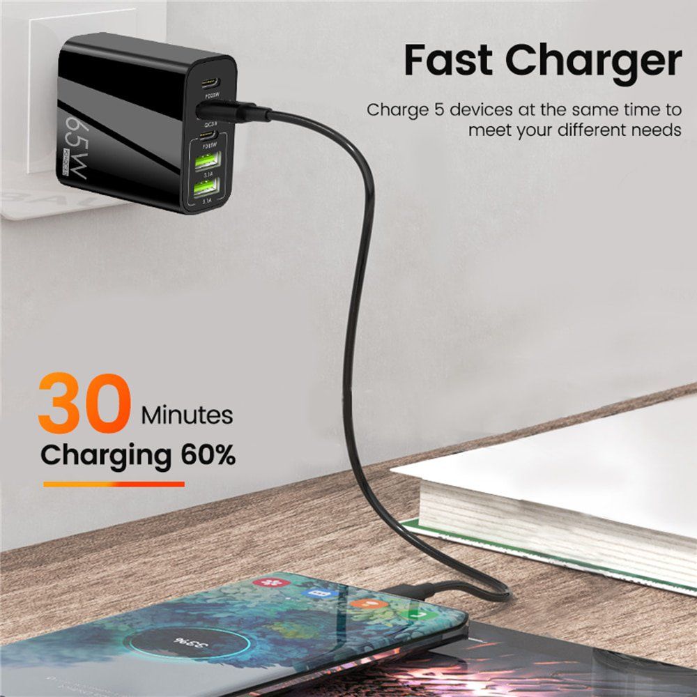 65W Fast USB-C PD Charger Adapter with 2 USB-C & 3 USB Ports | QC 3.0 Multi-Port Wall Charger - White