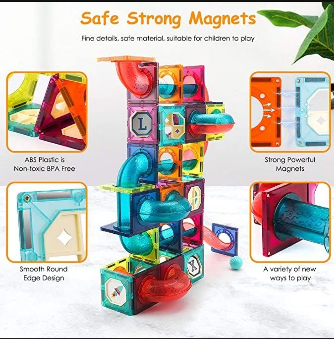 73 Piece Magnetic Building Blocks for Kids – 3D DIY Pipeline Marble Run STEM Construction Toy with Rolling Balls