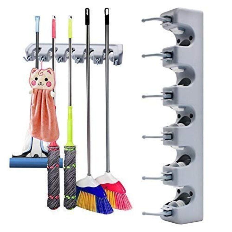 Wall Mounted Mop & Broom Holder Organizer – 5 Position with 6 Hooks | Heavy Duty Space Saving Storage Rack