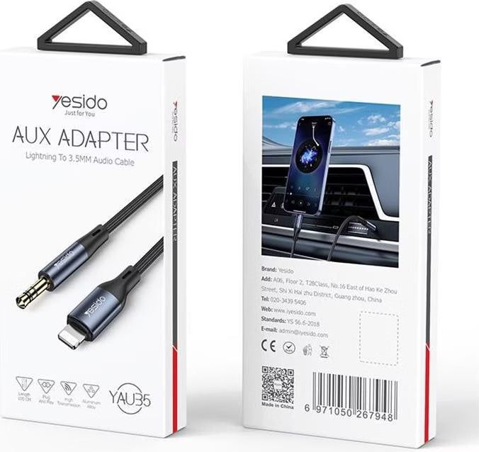 YESIDO YAU35 Lightning to 3.5mm AUX Cable 1M – Braided Audio Adapter for Car Stereo, Headphones & Speakers