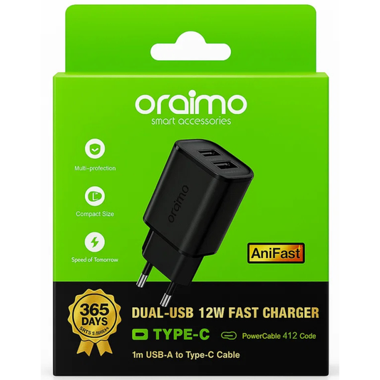 Oraimo OCW-1121EC 12W Dual USB Fast Charger with USB-A to USB-C Cable (1M) | EU Wall Charger