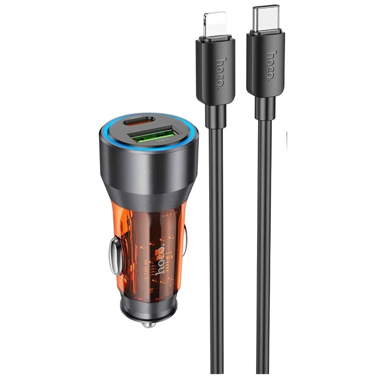 HOCO NZ12A 43W PD Fast Car Charger with USB-C to Lightning Cable (1M) | Dual Port USB-C + USB-A Car Charger
