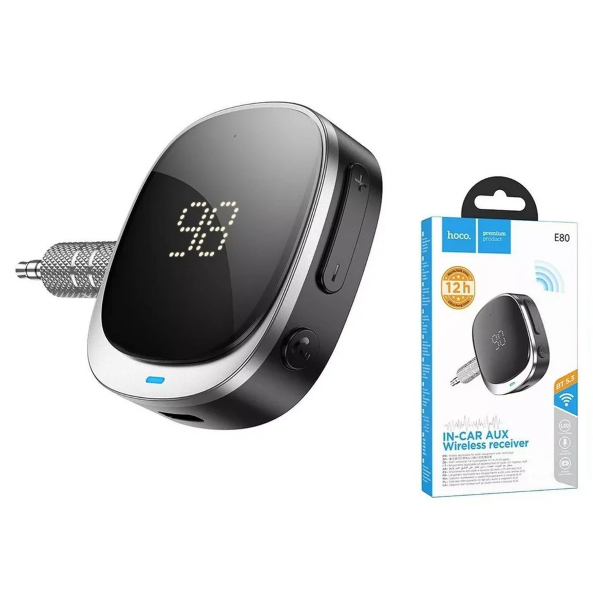 HOCO E80 Travel Bluetooth 5.3 Car AUX Receiver | Wireless 3.5mm AUX Audio Adapter with Hands-Free Calling & LED Battery Display