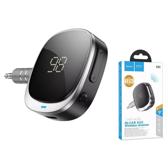 HOCO E80 Travel Bluetooth 5.3 Car AUX Receiver | Wireless 3.5mm AUX Audio Adapter with Hands-Free Calling & LED Battery Display