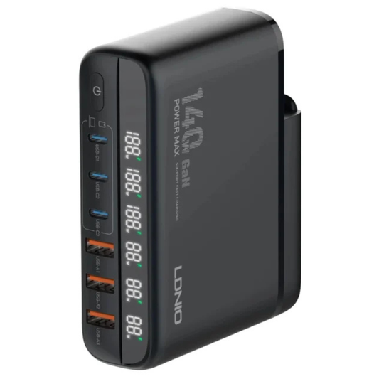LDNIO A6140C 140W GaN Desktop Charging Station | 6-Port Fast Charger with 3 USB-C, 3 USB-A & LED Display - Black