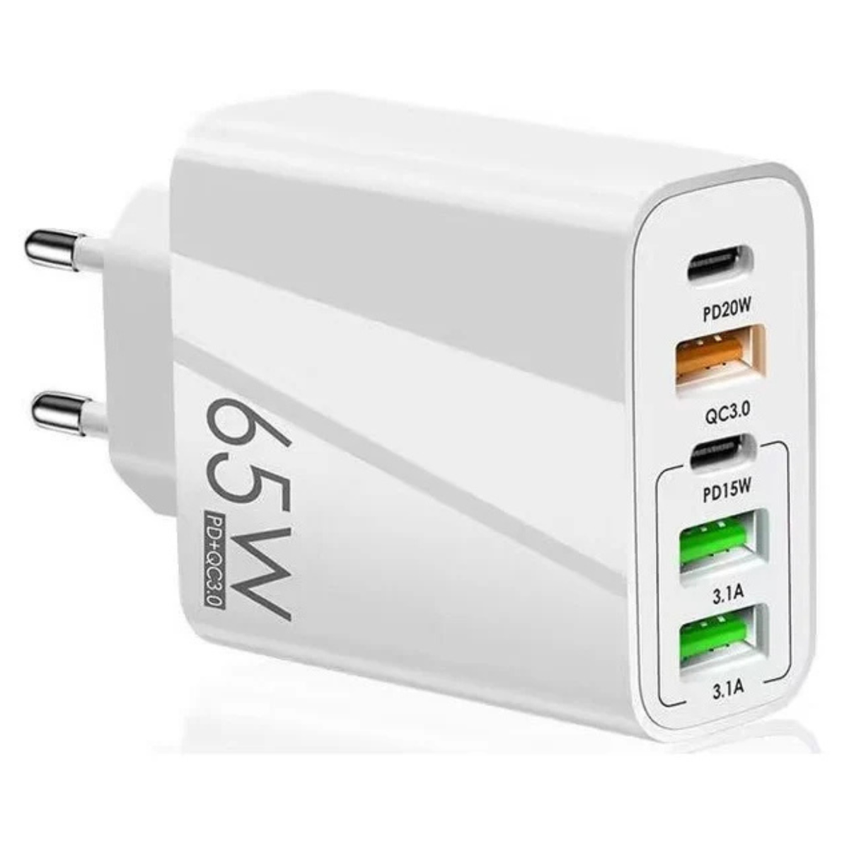 65W Fast USB-C PD Charger Adapter with 2 USB-C & 3 USB Ports | QC 3.0 Multi-Port Wall Charger - White