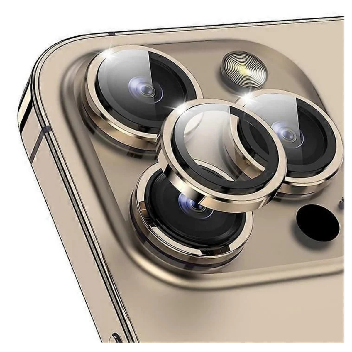 iPhone 15 Pro Max Camera Lens Protector | Gold Titanium Tempered Glass Camera Protector with Metal Ring (3 Lens Set)