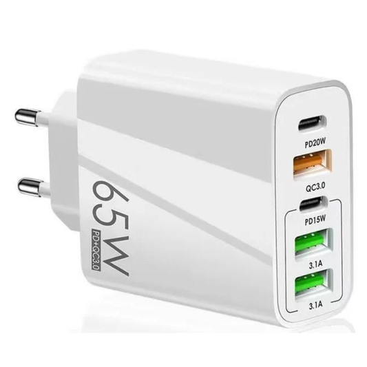 65W PD Fast Charger with 3 USB & 2 USB-C Ports | QC 3.0 Multi-Port USB Wall Charger Adapter - White