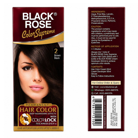 Black Rose Color Supreme Permanent Hair Color 2 Brown Black – 50ml Hair Dye Cream + 50ml Developer