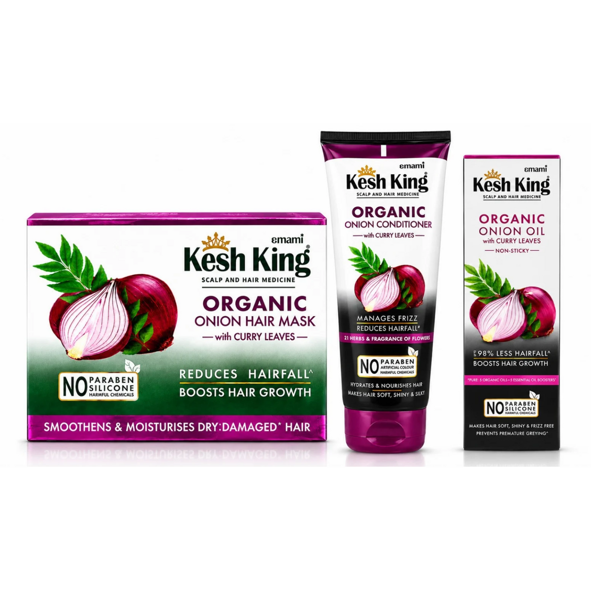 Organic Onion Hair Care Set with Curry Leaves – Hair Mask, Conditioner & Oil