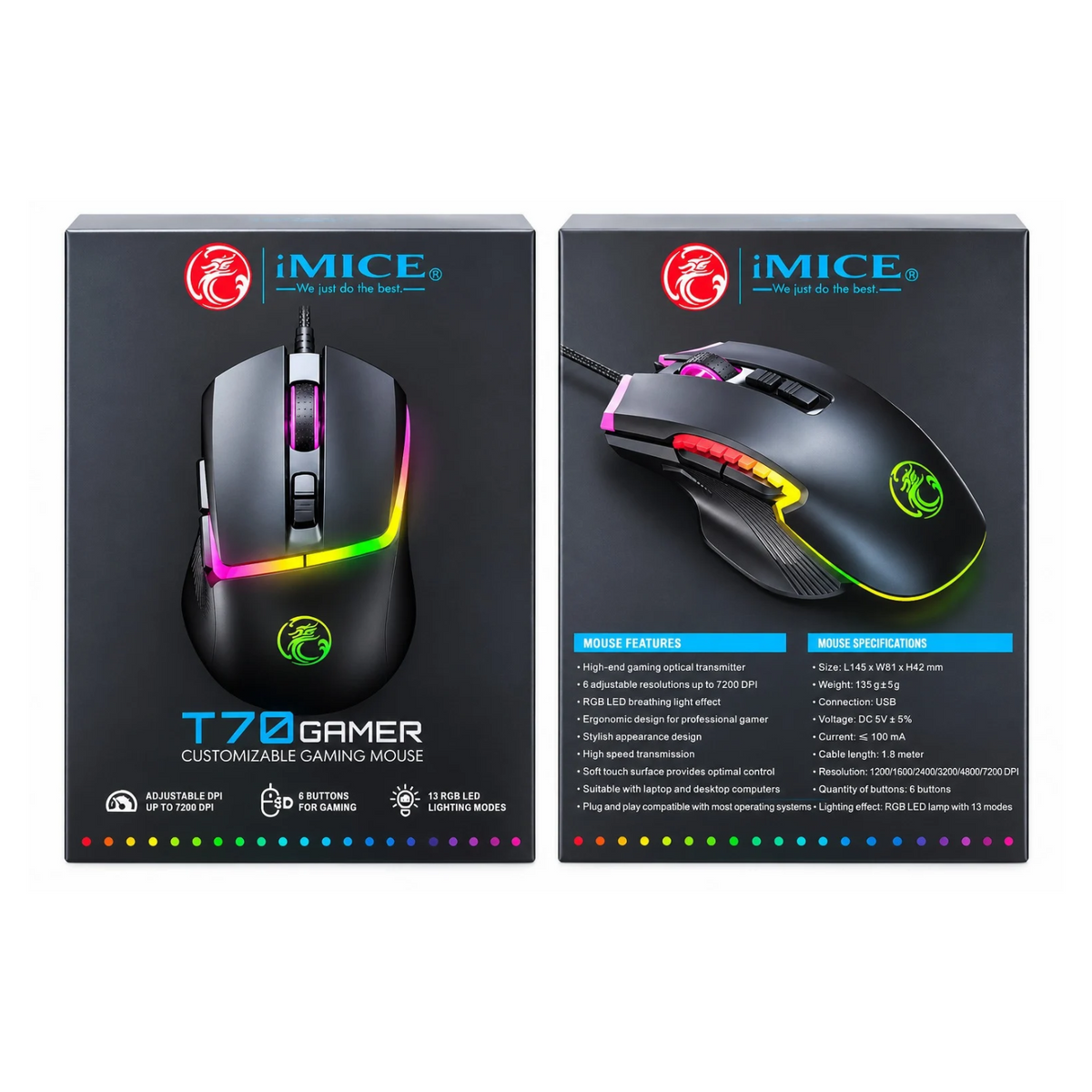 iMICE T70 Wired Gaming Mouse 7200 DPI RGB LED 6 Button USB Optical Mouse